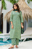 Green Ajrakh Print V-neck Cotton Kurta Set with Trousers and Dupatta