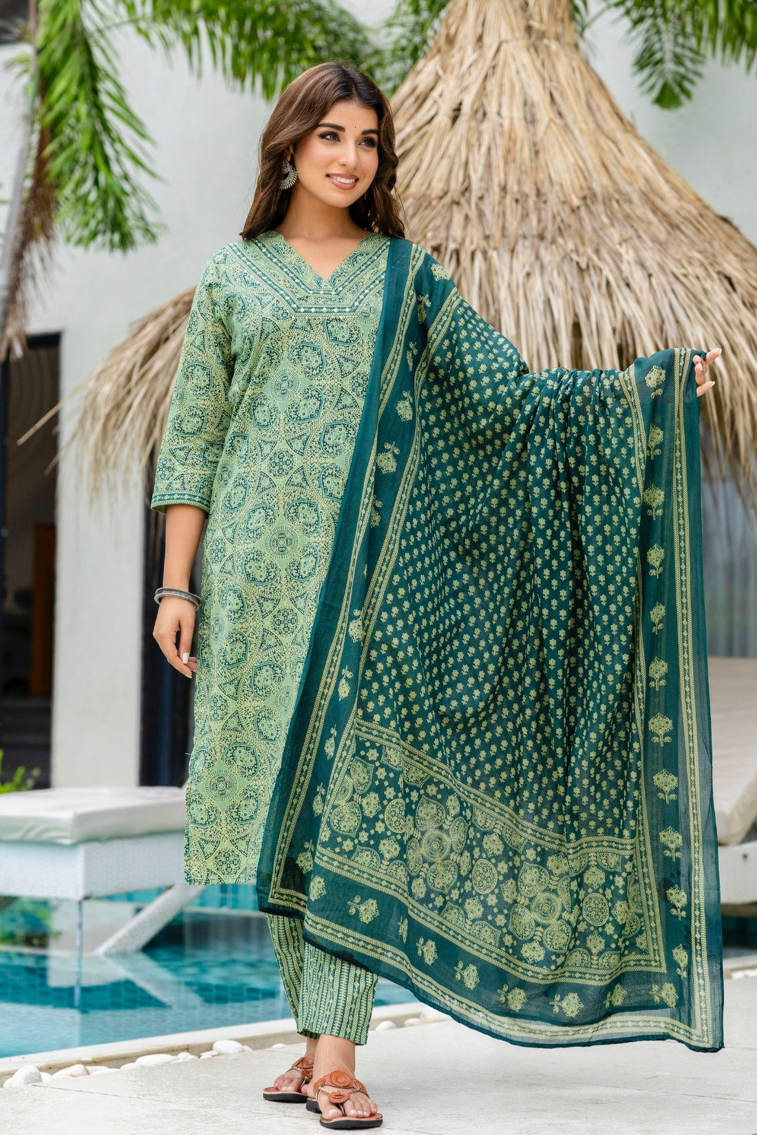 Green Ajrakh Print V-neck Cotton Kurta Set with Trousers and Dupatta