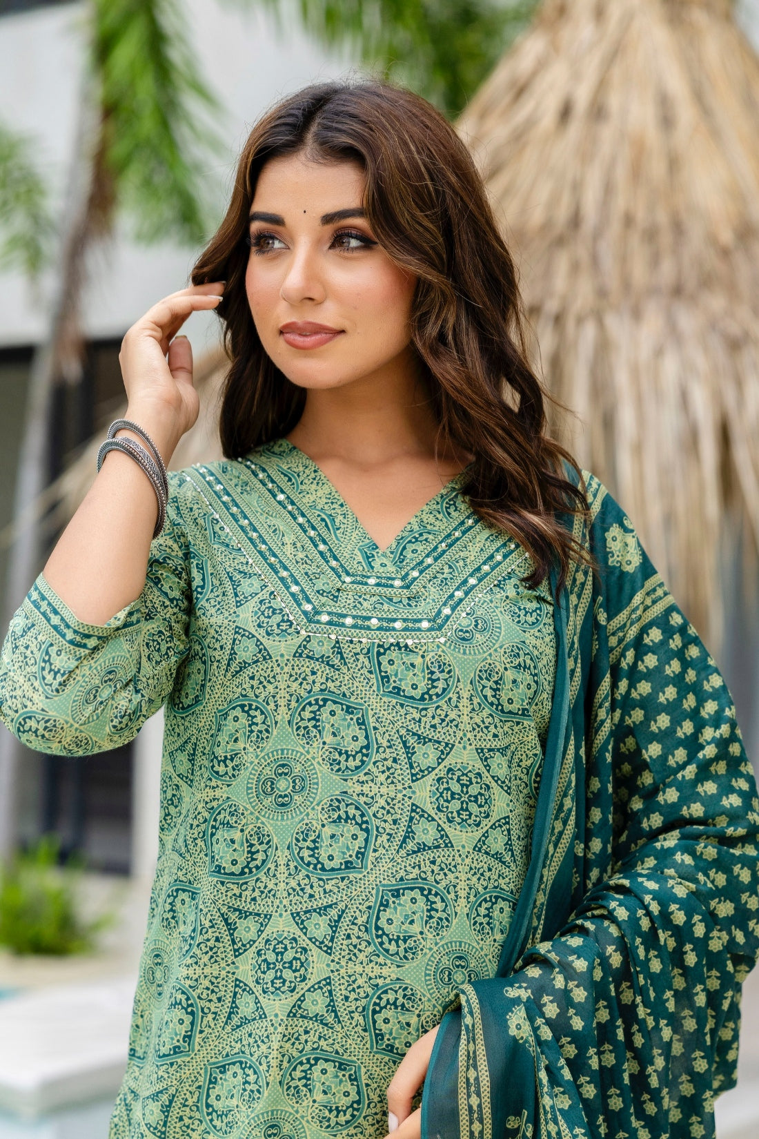 Green Ajrakh Print V-neck Cotton Kurta Set with Trousers and Dupatta
