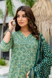 Green Ajrakh Print V-neck Cotton Kurta Set with Trousers and Dupatta