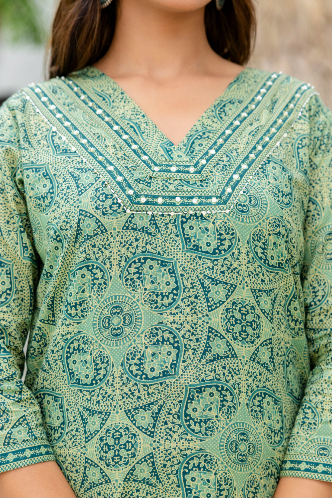 Green Ajrakh Print V-neck Cotton Kurta Set with Trousers and Dupatta