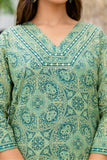Green Ajrakh Print V-neck Cotton Kurta Set with Trousers and Dupatta