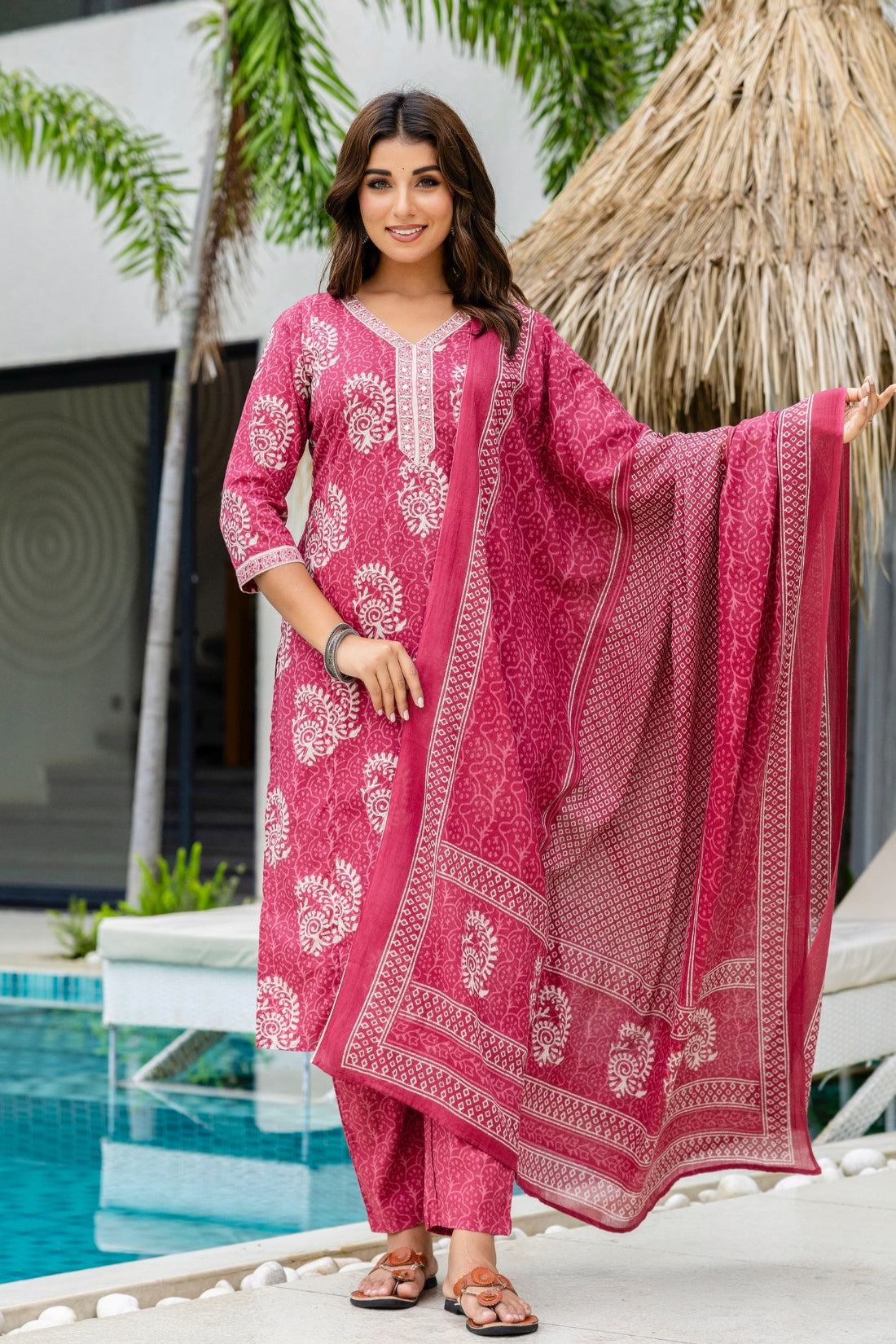 Maroon Batik Print Cotton Kurta set with Trouers and Dupatta