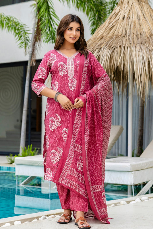 Maroon Batik Print Cotton Kurta set with Trouers and Dupatta