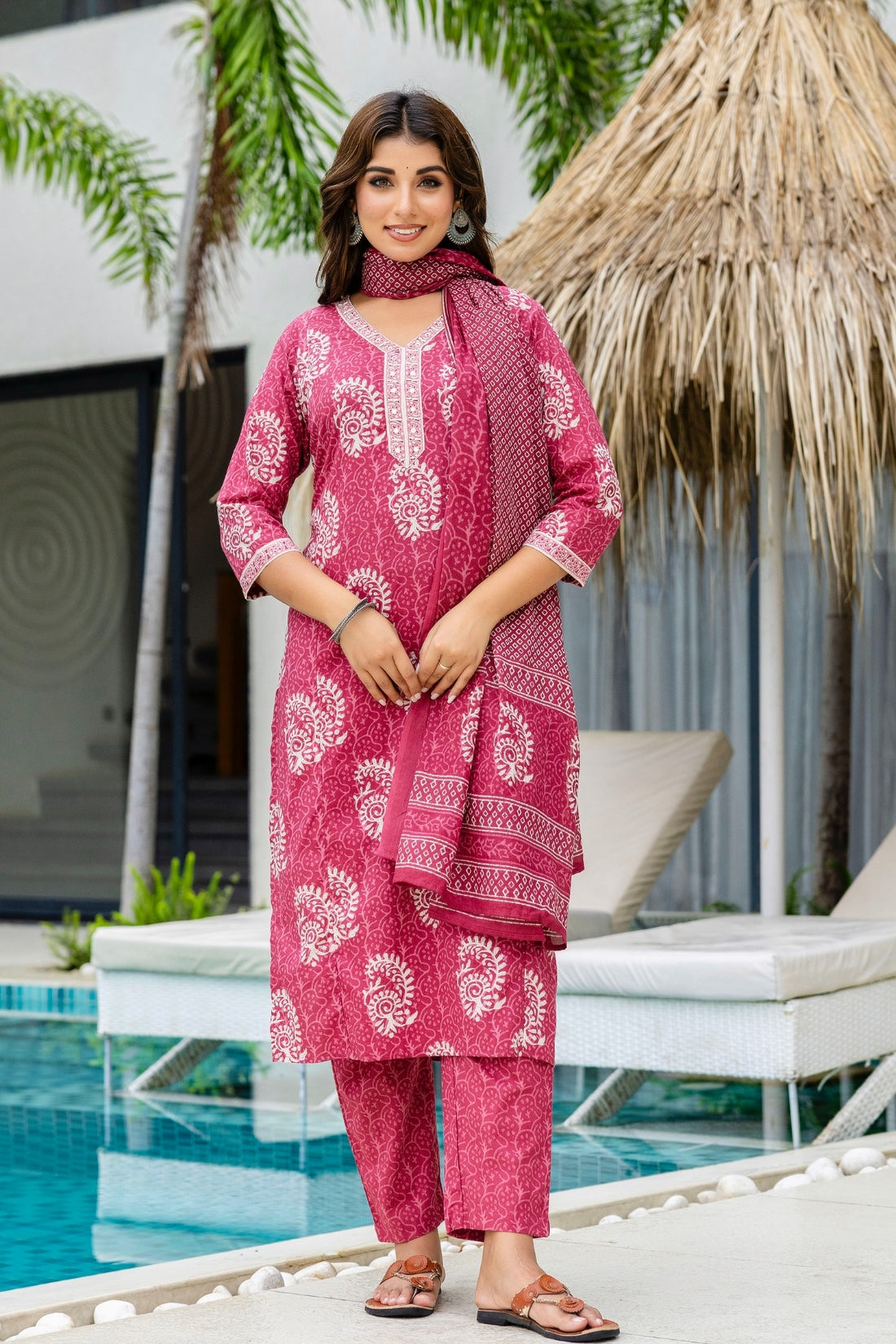 Maroon Batik Print Cotton Kurta set with Trouers and Dupatta