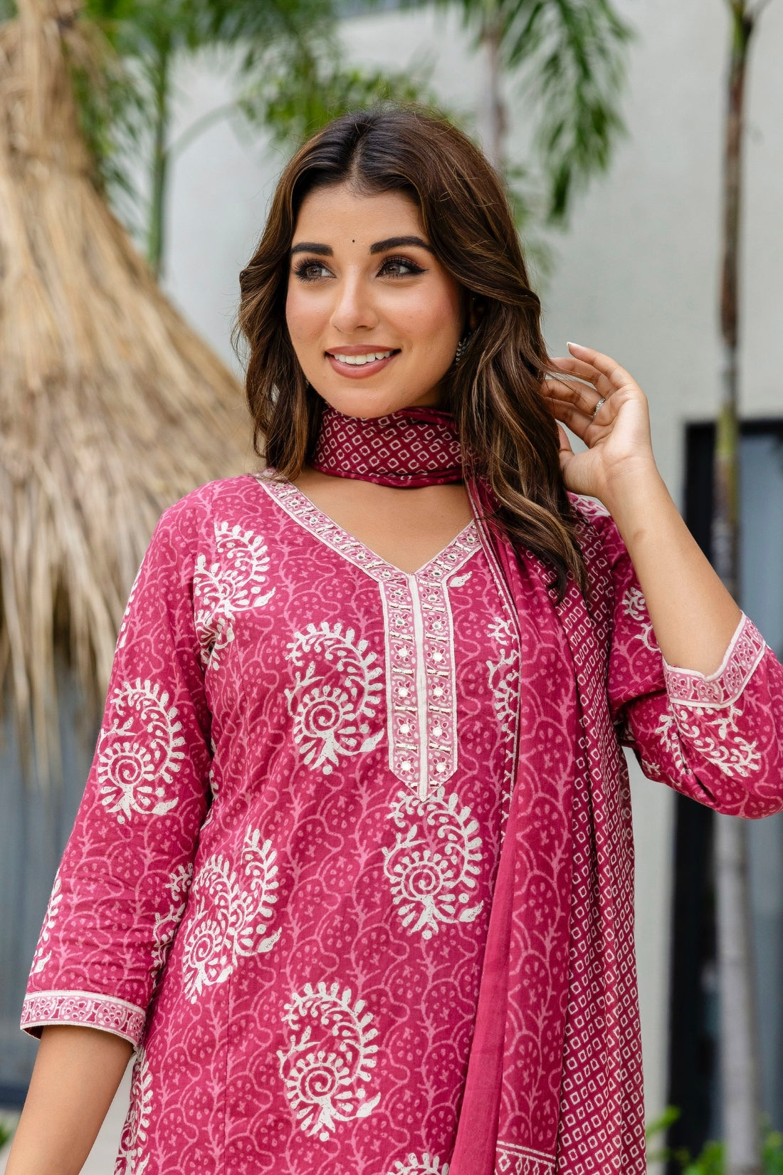 Maroon Batik Print Cotton Kurta set with Trouers and Dupatta