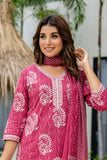 Maroon Batik Print Cotton Kurta set with Trouers and Dupatta