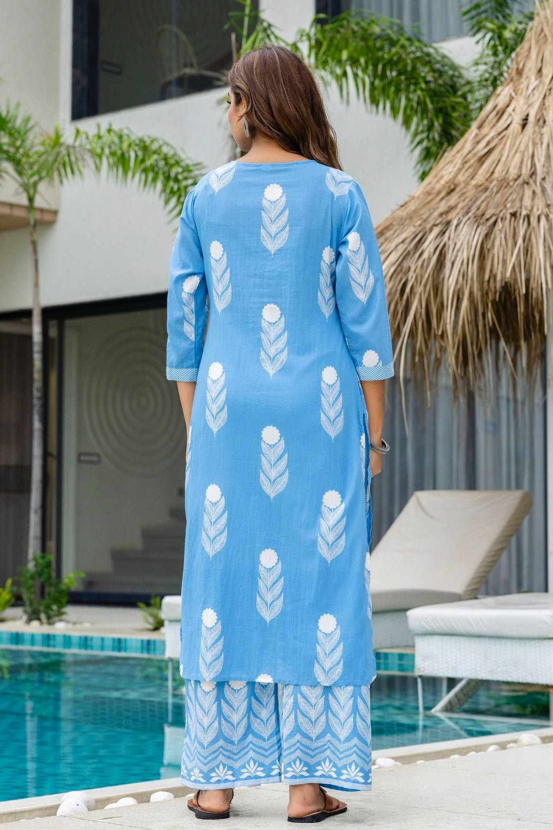 Blue Motif Print Plackett Highlight Kurta Set with Palazzo Pants and Dupatta