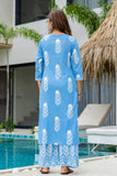 Blue Motif Print Plackett Highlight Kurta Set with Palazzo Pants and Dupatta