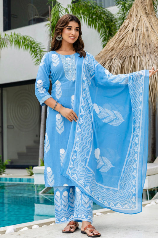 Blue Motif Print Plackett Highlight Kurta Set with Palazzo Pants and Dupatta