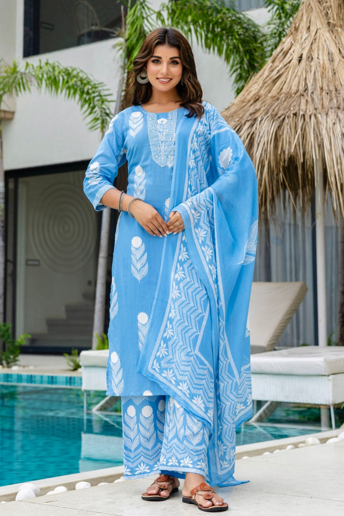 Blue Motif Print Plackett Highlight Kurta Set with Palazzo Pants and Dupatta