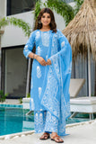 Blue Motif Print Plackett Highlight Kurta Set with Palazzo Pants and Dupatta