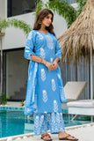 Blue Motif Print Plackett Highlight Kurta Set with Palazzo Pants and Dupatta