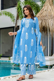 Blue Motif Print Plackett Highlight Kurta Set with Palazzo Pants and Dupatta