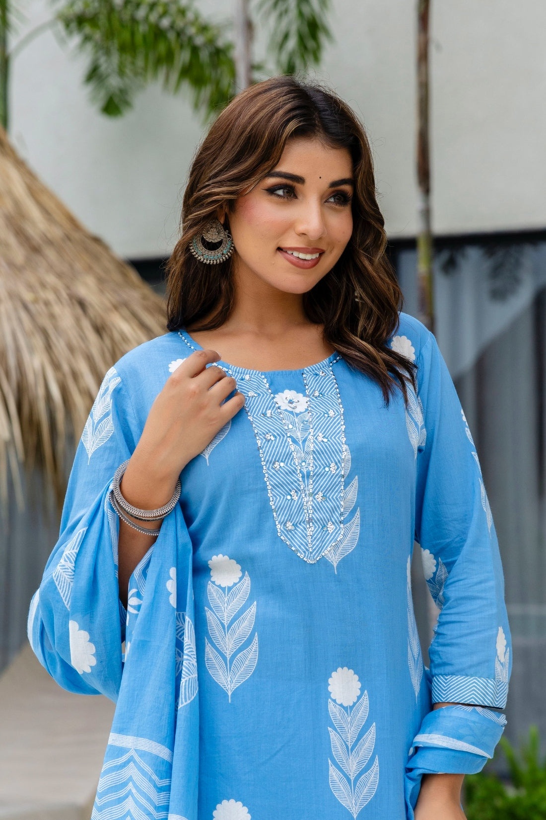 Blue Motif Print Plackett Highlight Kurta Set with Palazzo Pants and Dupatta