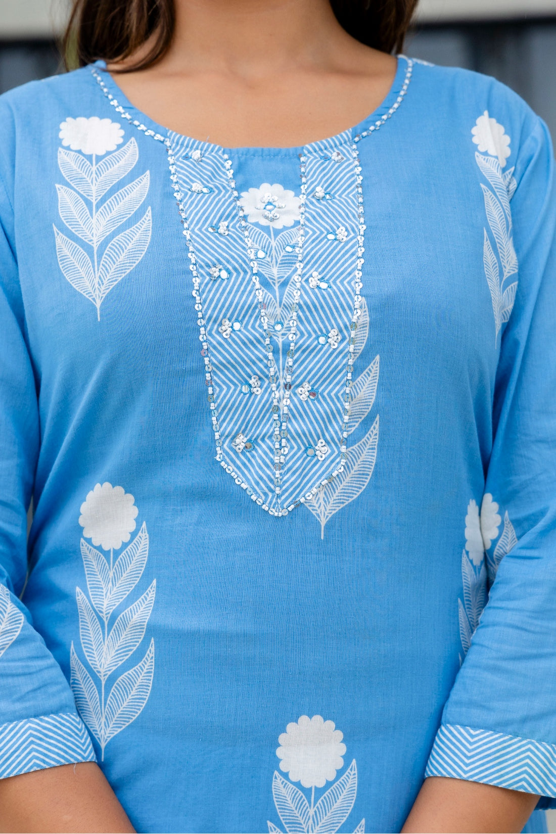 Blue Motif Print Plackett Highlight Kurta Set with Palazzo Pants and Dupatta