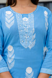 Blue Motif Print Plackett Highlight Kurta Set with Palazzo Pants and Dupatta