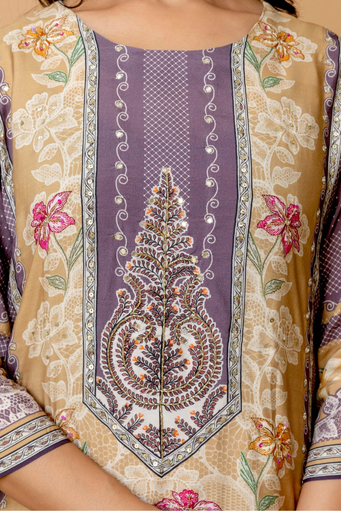 Purple & Cream Mirrorwork Viscose Festive Kurta Set with Trousers and Dupatta