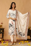Cream Festive Hand Embroisered Viscose Kurta Set with Trousers and Dupatta