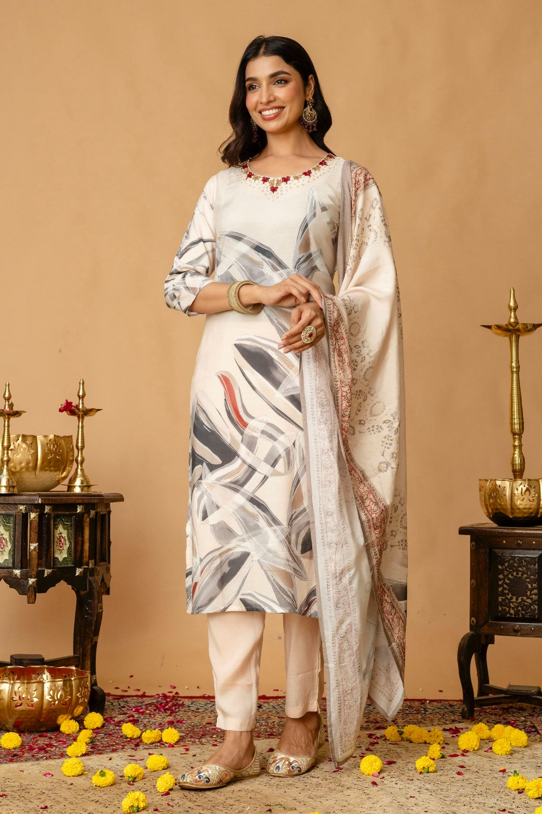 Cream Festive Hand Embroisered Viscose Kurta Set with Trousers and Dupatta