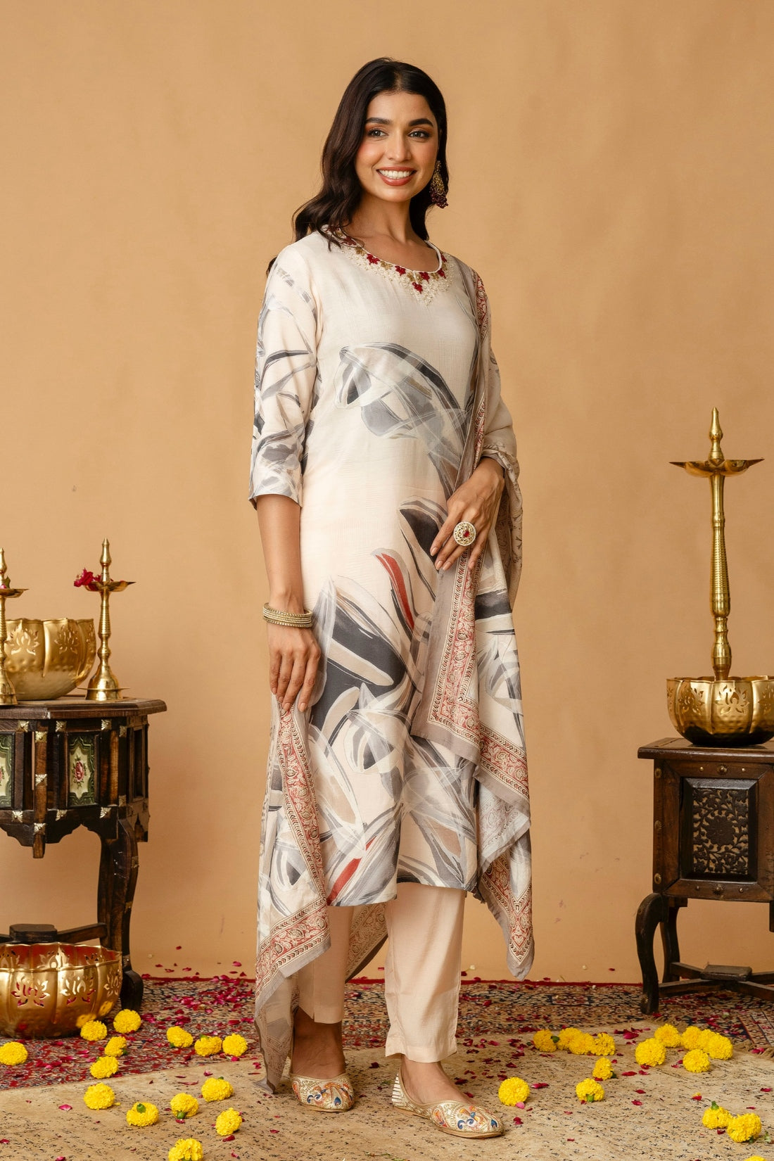 Cream Festive Hand Embroisered Viscose Kurta Set with Trousers and Dupatta