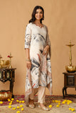 Cream Festive Hand Embroisered Viscose Kurta Set with Trousers and Dupatta