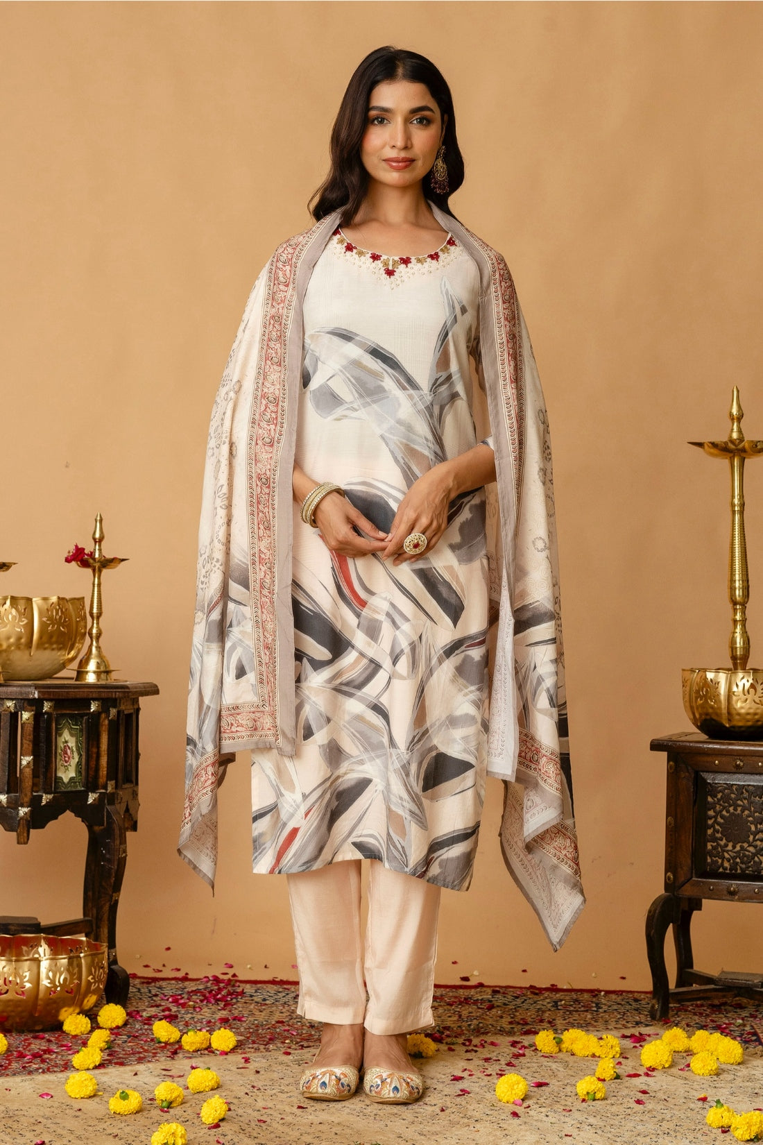 Cream Festive Hand Embroisered Viscose Kurta Set with Trousers and Dupatta