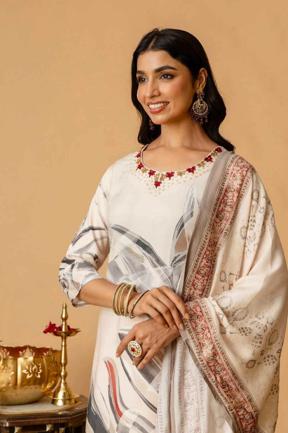 Cream Festive Hand Embroisered Viscose Kurta Set with Trousers and Dupatta