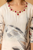 Cream Festive Hand Embroisered Viscose Kurta Set with Trousers and Dupatta