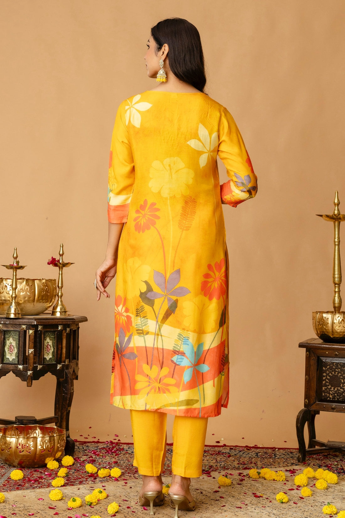 Yellow Festive Floral Print Viscose Kurta Set with Trousers and Dupatta