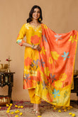 Yellow Festive Floral Print Viscose Kurta Set with Trousers and Dupatta