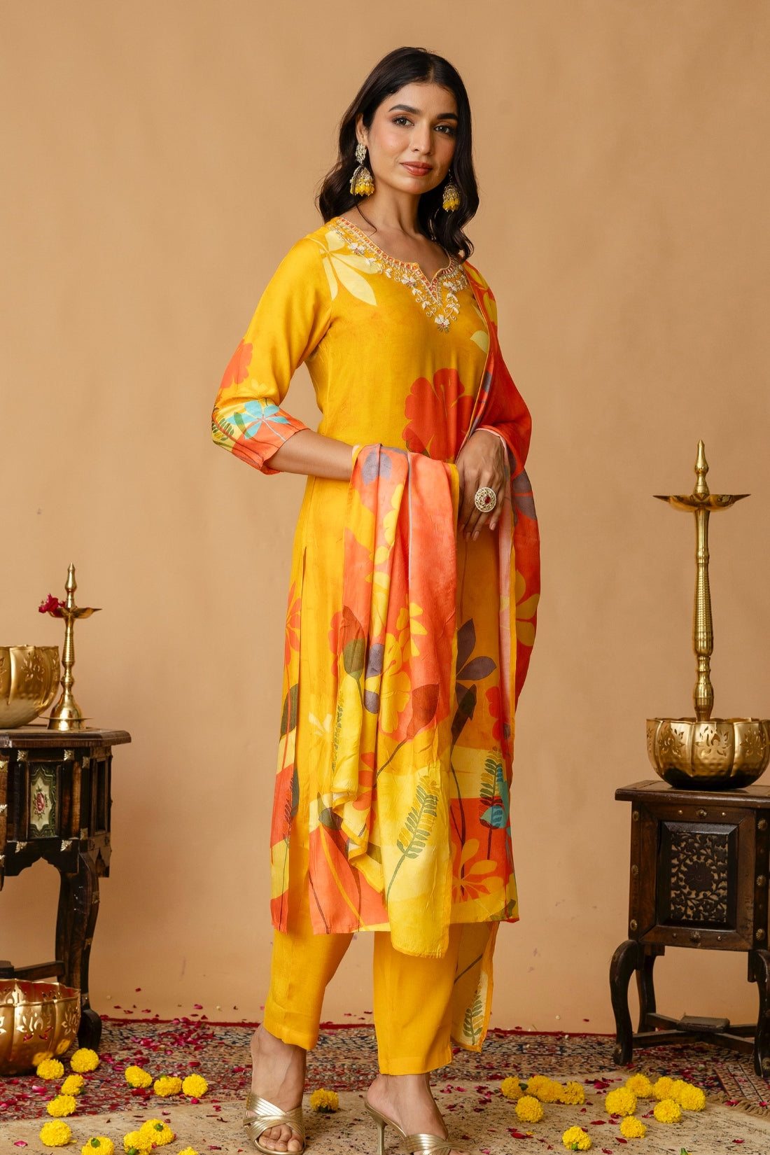 Yellow Festive Floral Print Viscose Kurta Set with Trousers and Dupatta