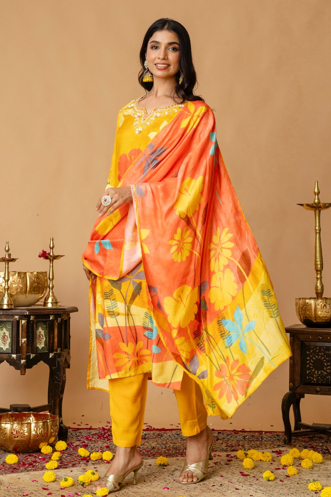 Yellow Festive Floral Print Viscose Kurta Set with Trousers and Dupatta
