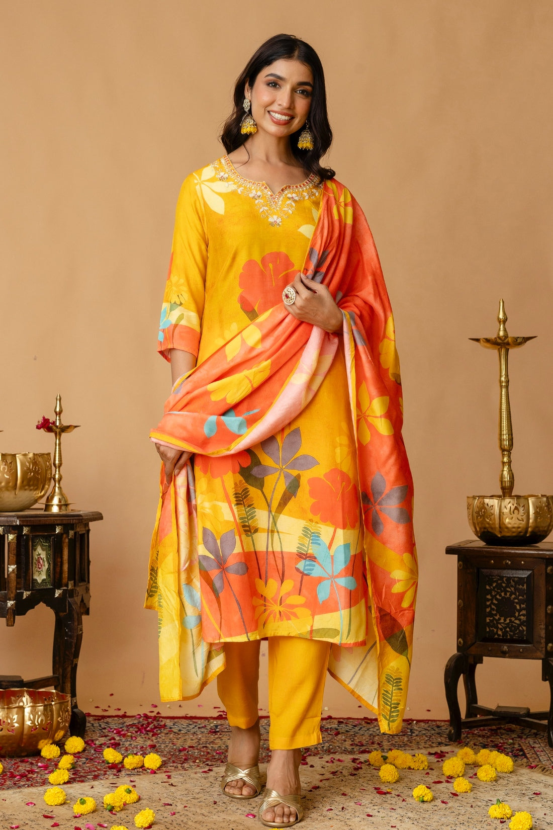 Yellow Festive Floral Print Viscose Kurta Set with Trousers and Dupatta