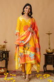Yellow Festive Floral Print Viscose Kurta Set with Trousers and Dupatta