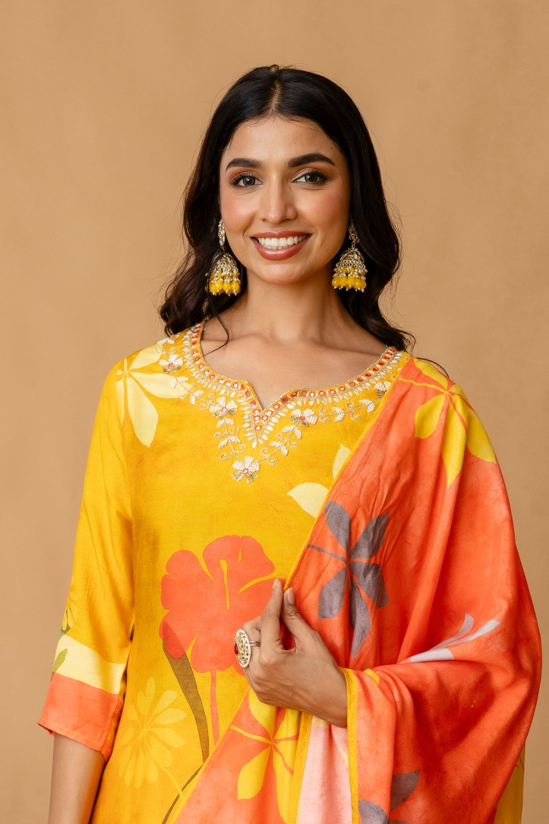 Yellow Festive Floral Print Viscose Kurta Set with Trousers and Dupatta