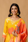 Yellow Festive Floral Print Viscose Kurta Set with Trousers and Dupatta