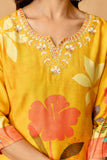 Yellow Festive Floral Print Viscose Kurta Set with Trousers and Dupatta