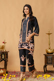 Black Mandarin Collar Sequins Highlight Viscose Kuri with Wide Leg Palazzos Coord Set