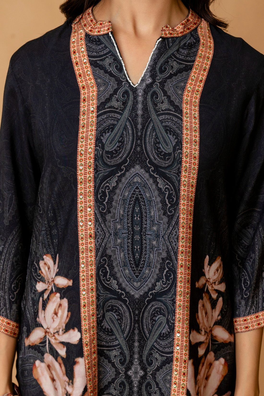 Black Mandarin Collar Sequins Highlight Viscose Kuri with Wide Leg Palazzos Coord Set