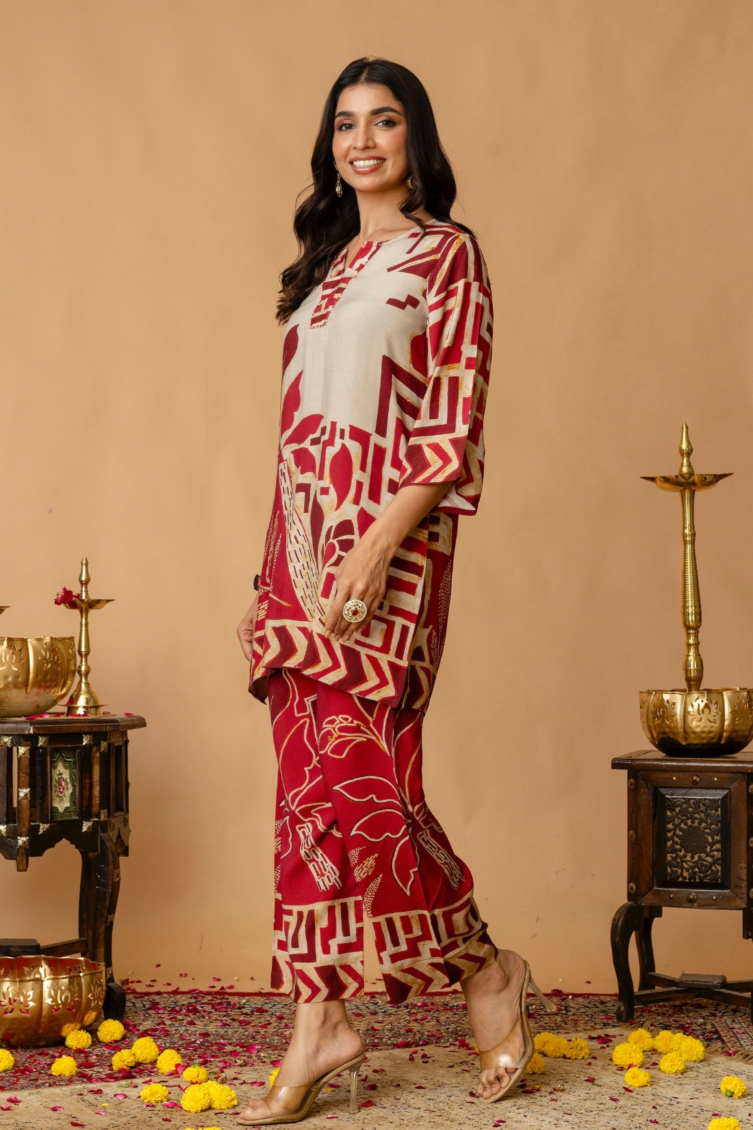 Maroon Green Sequins Highlight Viscose Kurti with Wide Leg Palazzo Coord Set