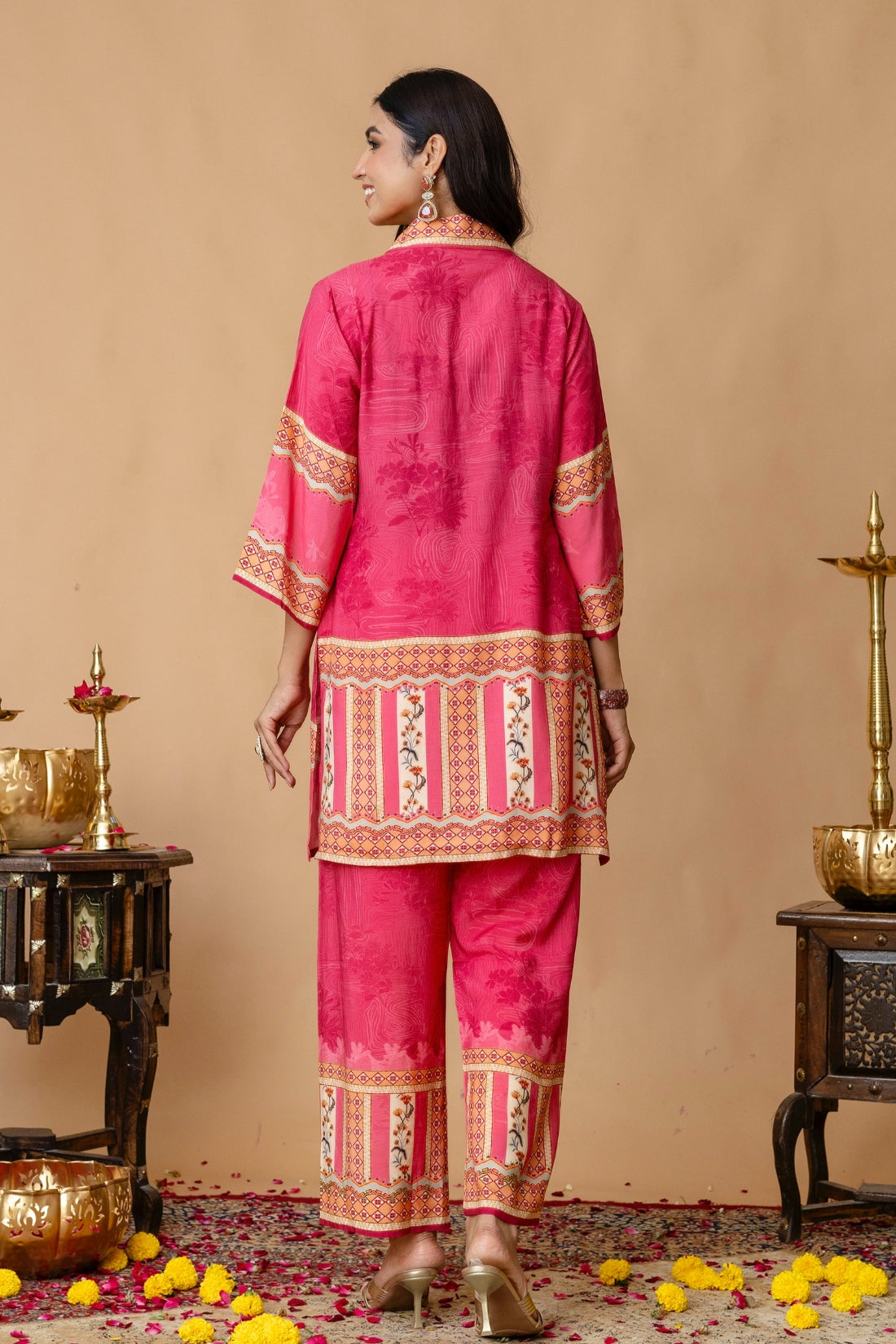 Pink Sequins Highlight Viscose Kurti with Wide Leg Palazzo Coord Set