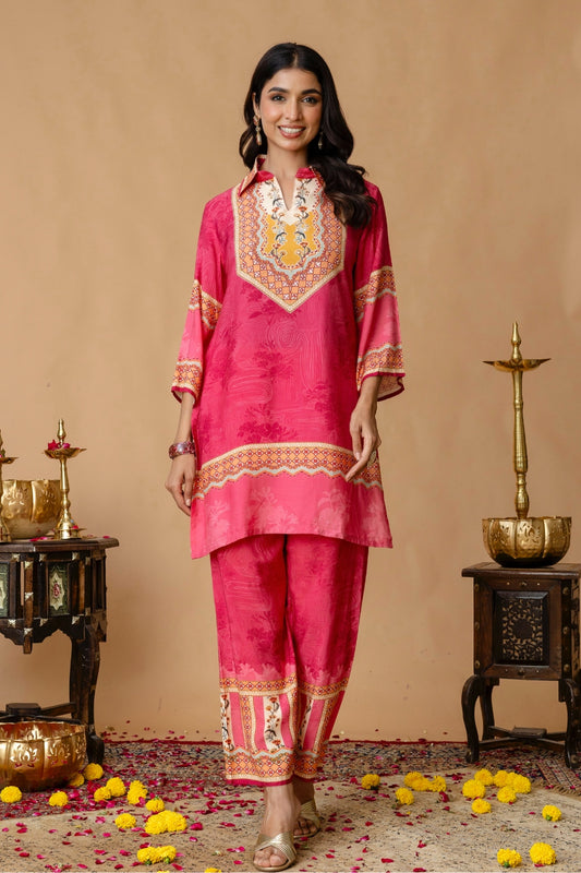 Pink Sequins Highlight Viscose Kurti with Wide Leg Palazzo Coord Set