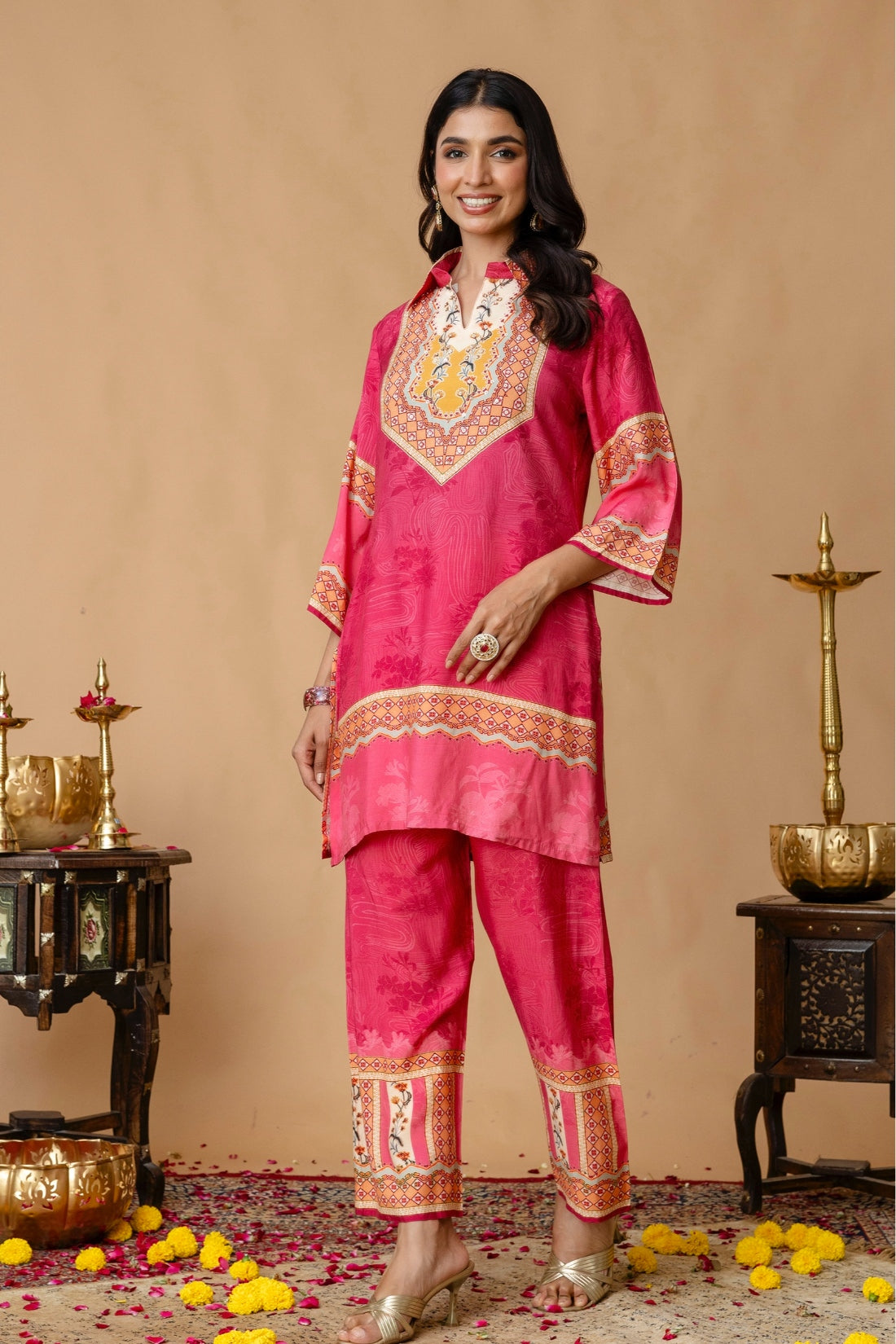Pink Sequins Highlight Viscose Kurti with Wide Leg Palazzo Coord Set
