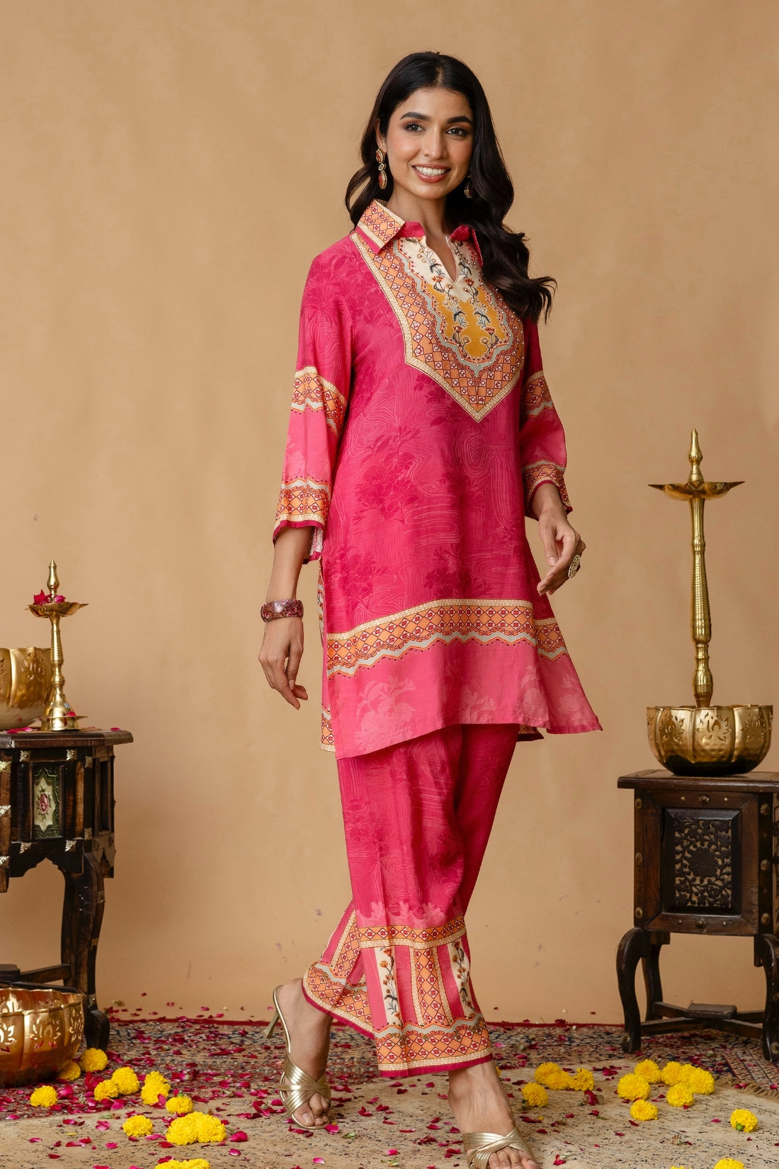 Pink Sequins Highlight Viscose Kurti with Wide Leg Palazzo Coord Set