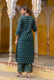 Green Motif Printed Cotton Kurta Set with Palazzos and Dupatta