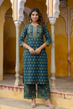 Green Motif Printed Cotton Kurta Set with Palazzos and Dupatta