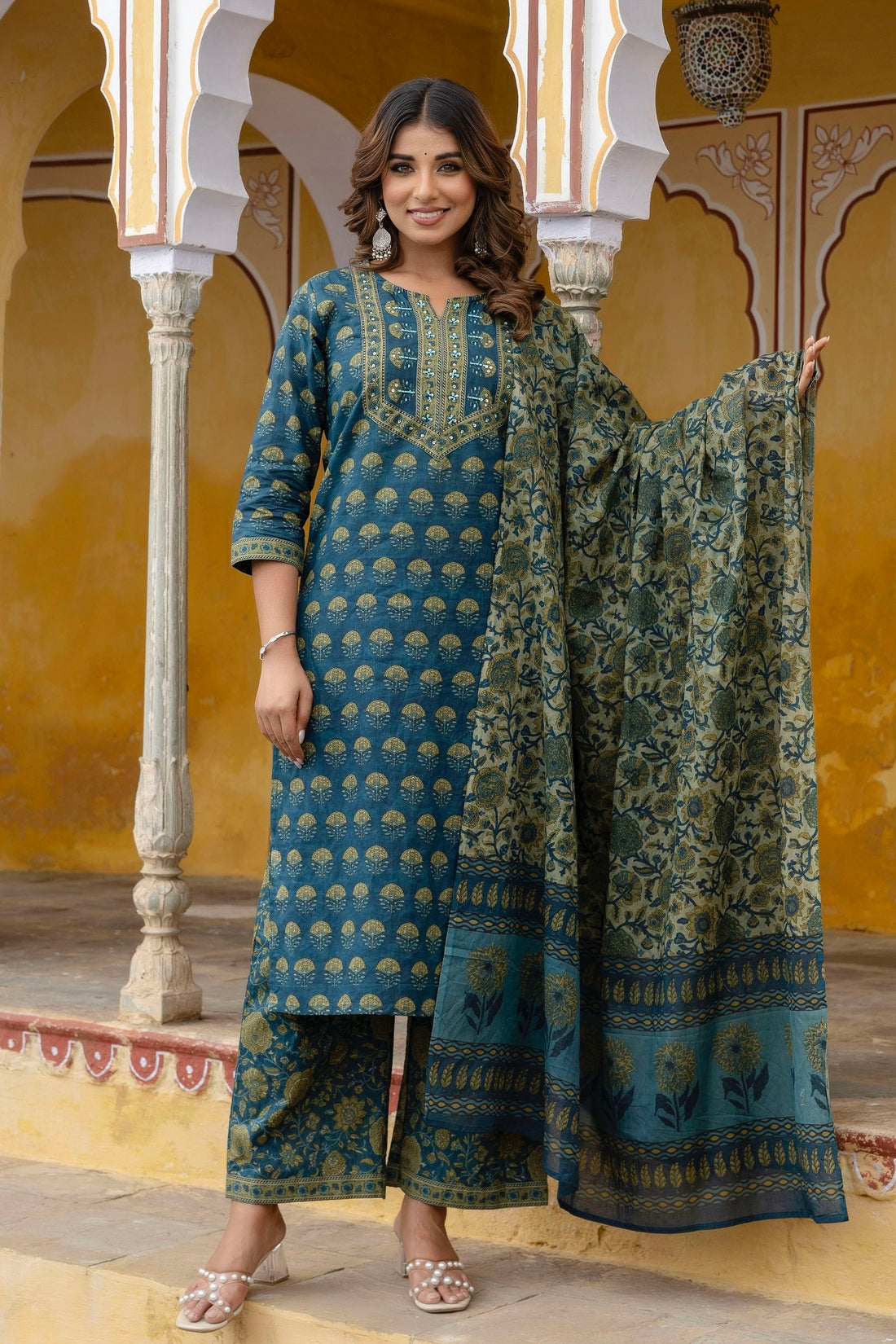 Green Motif Printed Cotton Kurta Set with Palazzos and Dupatta