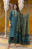 Green Motif Printed Cotton Kurta Set with Palazzos and Dupatta