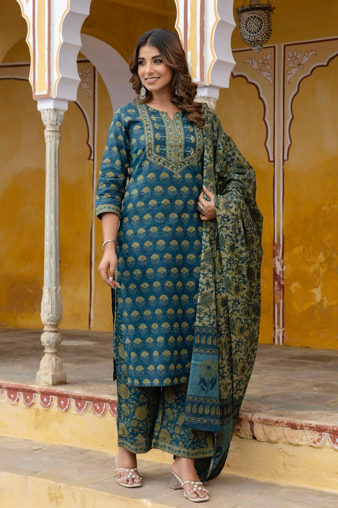 Green Motif Printed Cotton Kurta Set with Palazzos and Dupatta